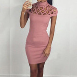 Autumn High Neck Hollow Out Evening Party Mini Dress Sexy Short Sleeve Women Bodycon Bandage Dresses