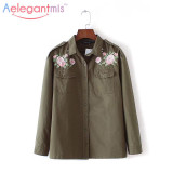 Autumn Flower Floral Embroidery Shirt Designs Blouse Women Cotton Military Army Green Shirt Long sleeve Button Pocket Jackets