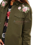 Autumn Flower Floral Embroidery Shirt Designs Blouse Women Cotton Military Army Green Shirt Long sleeve Button Pocket Jackets