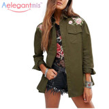 Autumn Flower Floral Embroidery Shirt Designs Blouse Women Cotton Military Army Green Shirt Long sleeve Button Pocket Jackets