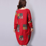 Autumn Dress Plus Size Women Clothing Loose Waist Vintage Dress Long Sleeve Patchwork Casual Cotton Linen Dress One Piece