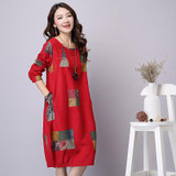 Autumn Dress Plus Size Women Clothing Loose Waist Vintage Dress Long Sleeve Patchwork Casual Cotton Linen Dress One Piece