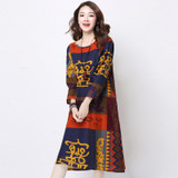 Autumn Dress Plus Size Women Clothing Loose Waist Vintage Dress Long Sleeve Patchwork Casual Cotton Linen Dress One Piece
