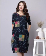 Autumn Dress Plus Size Women Clothing Loose Waist Vintage Dress Long Sleeve Patchwork Casual Cotton Linen Dress One Piece