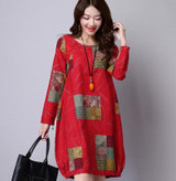 Autumn Dress Plus Size Women Clothing Loose Waist Vintage Dress Long Sleeve Patchwork Casual Cotton Linen Dress One Piece