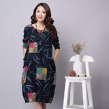 Autumn Dress Plus Size Women Clothing Loose Waist Vintage Dress Long Sleeve Patchwork Casual Cotton Linen Dress One Piece