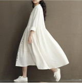 Autumn Dress Loose High Waist Plus Size Solid Color White Women Dress Cotton Linen V Neck Vintage Dress Long Sleeve Maxi Dress