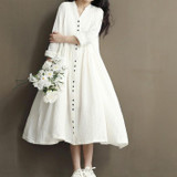 Autumn Dress Loose High Waist Plus Size Solid Color White Women Dress Cotton Linen V Neck Vintage Dress Long Sleeve Maxi Dress