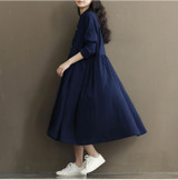 Autumn Dress Loose High Waist Plus Size Solid Color White Women Dress Cotton Linen V Neck Vintage Dress Long Sleeve Maxi Dress