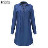 Autumn Denim Dress 2017 ZANZEA Women Mini Dress Long Sleeve Turn Down Collar Bandage Lace Up Dresses Sexy Ladies Vestidos