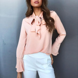 2018 Woman Shirt Office Lady Elegant Flare Long Sleeve Blouse Women Chiffon Blouse shirt Casual Bow Tied Neck Blouse Solid Tops