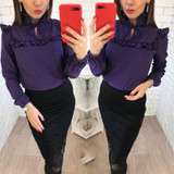 2018 New Spring Women Fashion purple shirt blouse Long Sleeve elegant Ruffles purple Party Casual shirts tops clothing plus size