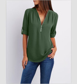 2018 New Spring Summer Fashion Women Tops Casual Street Half Sleeve V-Neck Blouse Loose Plus Size Zipper Chiffon Blouse Shirts