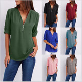 2018 New Spring Summer Fashion Women Tops Casual Street Half Sleeve V-Neck Blouse Loose Plus Size Zipper Chiffon Blouse Shirts