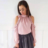 2018 New Spring fashion women Blouses Shirts Summer O-Neck Long Sleeve Ruffles Casual Loose Party Wine red Green Blusas Tops