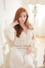 Free Shipping 100% Cotton Princess Pijamas Long White Nightdress  Women's Nightgown Silk Sleepwear Autumn pijama feminino