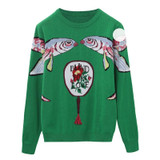 Ky&amp;Q 2018 Winter Casual Green Knitted Sweaters Women Elegant Double Fish Printed Long Sleeve Female Ladies Pullovers Jumper tops