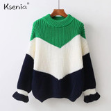 Ksenia Butterfly Sleeve Women Patchwork sweaters and pullovers 2017 Autumn Winter Casual O-Neck Loose Knitted Pull Femme Jumper