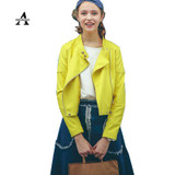 Lemon Yellow Leather Jacket Women 2016 Spring Motorcycle Short Short PU Blouson Cuir Femme Cazadora Cuero Mujer Belt MF53020