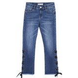 LEIJIJEANS New Arrival Spring Plus Size Eyelet Lace Up Bleached Mid Waist Ankle Length Skinny Micro Flare Women Stretch Jeans