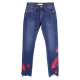 LEIJIJEANS 2018 Hot Sale Cool Summer Red Leaf Embroidery Tassel Bleach Mid Waist Ankle Length Women Stretch Skinny Pencil Jeans