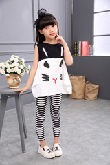 Girls Clothes 2017 New Sleeveless Baby Girl Clothing Set Pattern Cat Girls Clothing Kids Clothes Children Clothing Set
