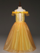 Girls Cartoon Fancy Dress Kids Yellow Shoulder Princess Party Dress Beauty and the Beast Belle Cosplay Kid Long Halloween Dress