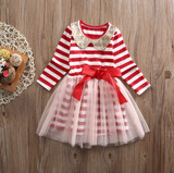 Girl Enfant Clothes Stripe Bow Tulle Party Ball Gown Dress Long Sleeve Toddler Kids Baby Girls Clothing Dresses Xmas Princess
