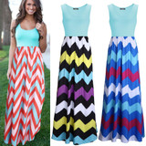 2016 Hot Sexy Women Dress O Neck Striped Print Maxi Long Dress Sleeveless Beach Summer Dresses Sundress