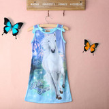 2016 Hot Selling Baby Girls Dress Summer Sleeveless Horse Print Kids Dress Causal Child Dress for 4-12Y Girls