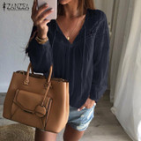 2016 Autumn ZANZEA Women Blouses Shirts Casual Loose Lace Tops Solid Sexy V Neck Long Sleeve Splice Hollow Out Blusas Plus Size