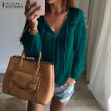 2016 Autumn ZANZEA Women Blouses Shirts Casual Loose Lace Tops Solid Sexy V Neck Long Sleeve Splice Hollow Out Blusas Plus Size
