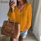 2016 Autumn ZANZEA Women Blouses Shirts Casual Loose Lace Tops Solid Sexy V Neck Long Sleeve Splice Hollow Out Blusas Plus Size