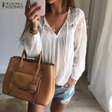 2016 Autumn ZANZEA Women Blouses Shirts Casual Loose Lace Tops Solid Sexy V Neck Long Sleeve Splice Hollow Out Blusas Plus Size
