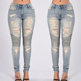 2016 Autumn Women Denim Skinny Ripped Pants High Waist Stretch Jeans Slim Pencil Trousers