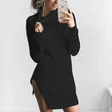 Autumn Winter Women Knit Dresses Side Split Turtleneck Knitted Dress Long Sleeve Vestidos De Festa Sweater Dress Femme GV994