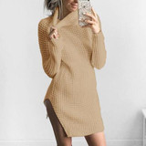 Autumn Winter Women Knit Dresses Side Split Turtleneck Knitted Dress Long Sleeve Vestidos De Festa Sweater Dress Femme GV994
