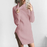 Autumn Winter Women Knit Dresses Side Split Turtleneck Knitted Dress Long Sleeve Vestidos De Festa Sweater Dress Femme GV994