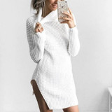 Autumn Winter Women Knit Dresses Side Split Turtleneck Knitted Dress Long Sleeve Vestidos De Festa Sweater Dress Femme GV994
