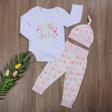 Autumn Winter Newborn Baby Kid Girl Little Sister Long Sleeve Romper + Floral Long Pants Hat 3PCS Outfits Set Clothes
