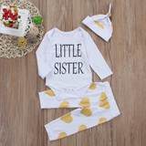 Autumn Winter Newborn Baby Kid Girl Little Sister Long Sleeve Romper + Floral Long Pants Hat 3PCS Outfits Set Clothes