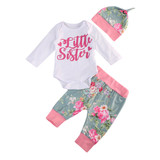 Autumn Winter Newborn Baby Kid Girl Little Sister Long Sleeve Romper + Floral Long Pants Hat 3PCS Outfits Set Clothes