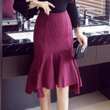 Autumn Winter New Striped Ruffles Hem Fashion Women's Skirt High Waist Slim Sexy Mermaid Skirt Office Lady Midi Skirt S-5XL