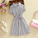 2018 Elegant Office Summer Dress Shirt Elegant Blue Stripped Cotton Turn Down Collar Wear to Work Shirts Women Dresses #BD728