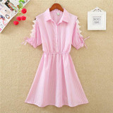 2018 Elegant Office Summer Dress Shirt Elegant Blue Stripped Cotton Turn Down Collar Wear to Work Shirts Women Dresses #BD728