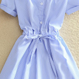 2018 Elegant Office Summer Dress Shirt Elegant Blue Stripped Cotton Turn Down Collar Wear to Work Shirts Women Dresses #BD728