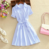 2018 Elegant Office Summer Dress Shirt Elegant Blue Stripped Cotton Turn Down Collar Wear to Work Shirts Women Dresses #BD728