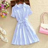 2018 Elegant Office Summer Dress Shirt Elegant Blue Stripped Cotton Turn Down Collar Wear to Work Shirts Women Dresses #BD728