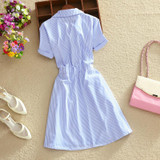 2018 Elegant Office Summer Dress Shirt Elegant Blue Stripped Cotton Turn Down Collar Wear to Work Shirts Women Dresses #BD728