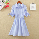2018 Elegant Office Summer Dress Shirt Elegant Blue Stripped Cotton Turn Down Collar Wear to Work Shirts Women Dresses #BD728